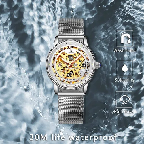Vista 5 de Gute Reloj de pulsera mecánico de lujo para mujer, esqueleto de acero inoxidable, steampunk automático, cuerda automática