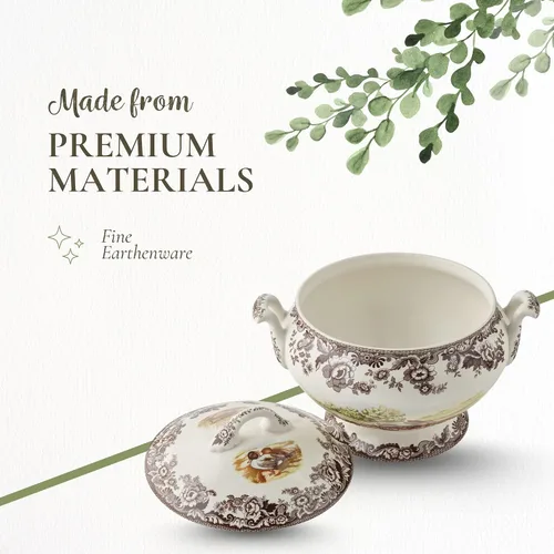 Vista 5 de Spode Sopera Woodland con motivos de conejo, codorniz y pintaleta, sopera cubierta de 4.25 cuartos de galón, hecha de loza fina, apta
