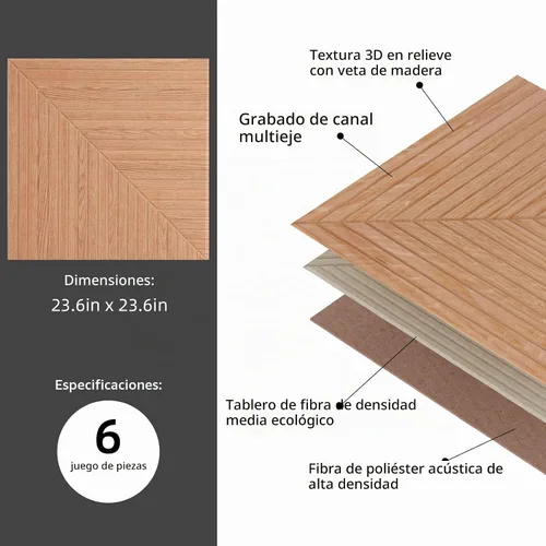 Vista 7 de 6 paneles acústicos de pared, 23.6 x 23.6 pulgadas, paneles autoadhesivos de absorción de sonido, impresión de patrón de madera, panel de pared