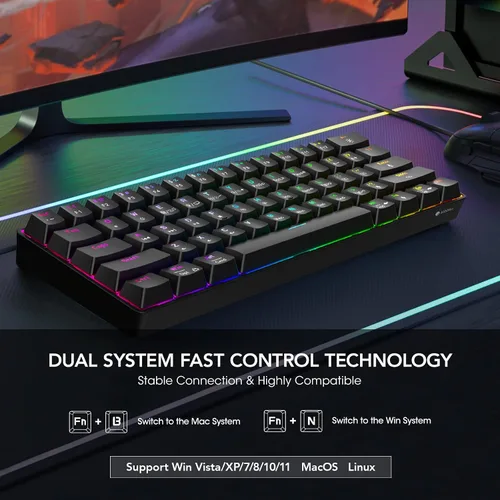 Vista 6 de KOORUI Teclado mecánico ultracompacto con 60% de 61 teclas con cable retroiluminado RGB con interruptor rojo, mini teclados para Windows MacOS Linux