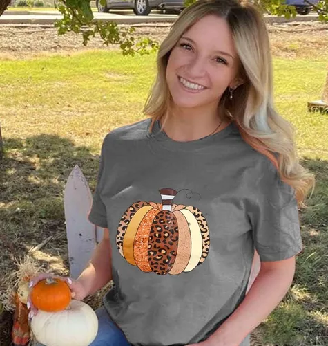 Vista 3 de Camisas de calabaza para mujer, camiseta de calabaza a cuadros de búfalo para mujer, camisetas casuales de manga corta con gráficos divertidos