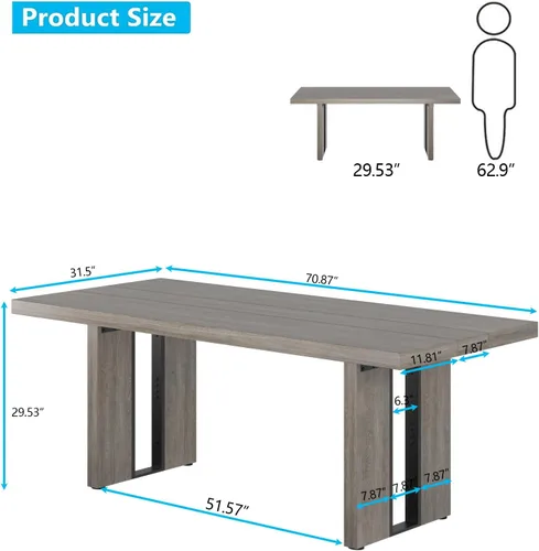 Vista 8 de Auromie Mesa de comedor rústica de 71 pulgadas para 8, mesa de comedor de granja para 6 a 8, mesa de cocina rectangular con patas resistentes