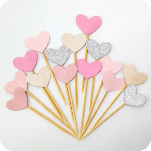 Vista 6 de GUCUJI Decoración para cupcakes, púas de cóctel, divertido corazón rosa con purpurina, 50 piezas