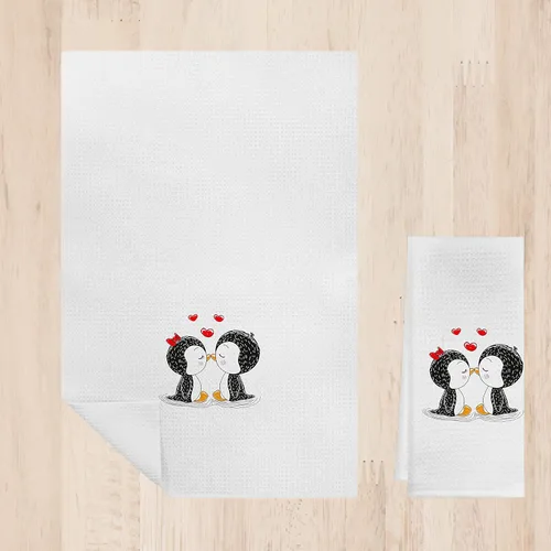 Vista 4 de Dos bonitos pingüinos besando enamorados, toallas de baño, toallas de ducha, encantadoras toallas decorativas de pingüino, toallas de mano, paños