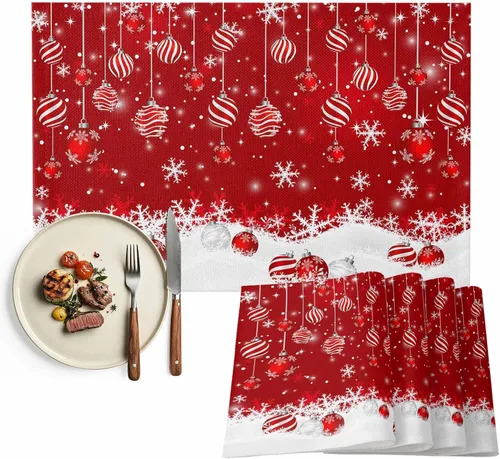 Vista 14 de Juego de 6 manteles individuales de mesa de Navidad, manteles individuales de algodón y lino antideslizantes lavables, bolas de Navidad, copos