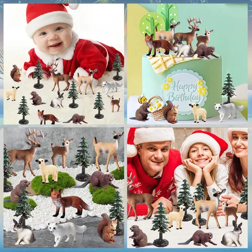 Vista 5 de 20 figuras de plástico de animales del bosque, figuras realistas de criaturas del bosque, juguetes en miniatura, kit de árbol de animales, juguetes