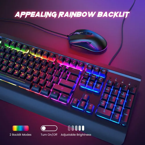 Vista 3 de Combo de teclado y mouse para juegos con cable, panel de metal de 104 teclas, teclado de computadora arcoíris con teclas multimedia, reposamuñecas