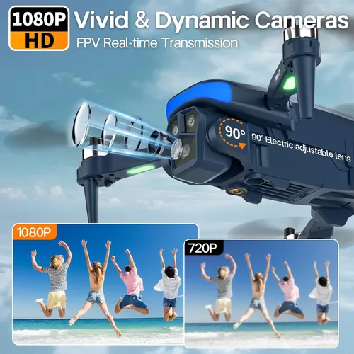 Vista 2 de Mini Dron Profesional con Cámara Ajustable Eléctrica LED Azul, Drones sin Escobillas FPV para Adultos de Largo Alcance, Control de Gravedad, Selfie