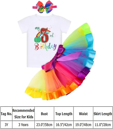 Vista 6 de IBAKOM Conjunto de ropa de 3 piezas para bebé niña de 1er cumpleaños + tutú de tul de princesa arcoíris + diadema con lazo, conjunto de ropa de 3
