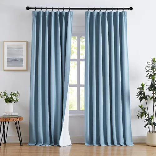 Vista 7 de Blue Pinch Pleated Linen Blend Full Blackout Curtains 84" Living Room 2pcs Azul