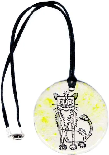 Vista 2 de Collar con colgante de cerámica Cat Bot en verde lima y grieta blanca