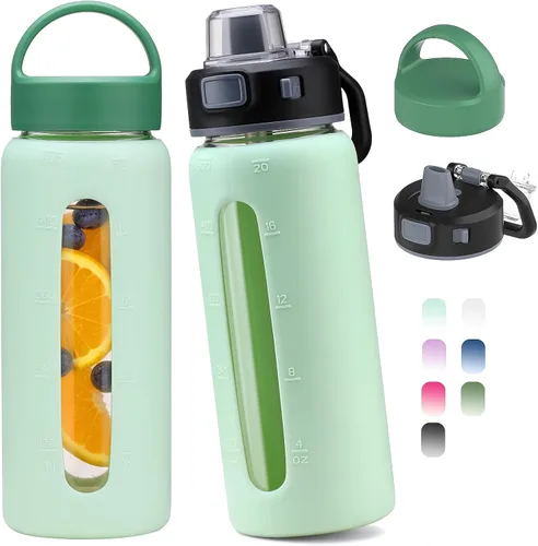 Vista 13 de Kodrine - Botella de agua de vidrio de 20 onzas con popote y 2 tapas para fácil transporte, con asa, funda de silicona y marcador de tiempo, botella