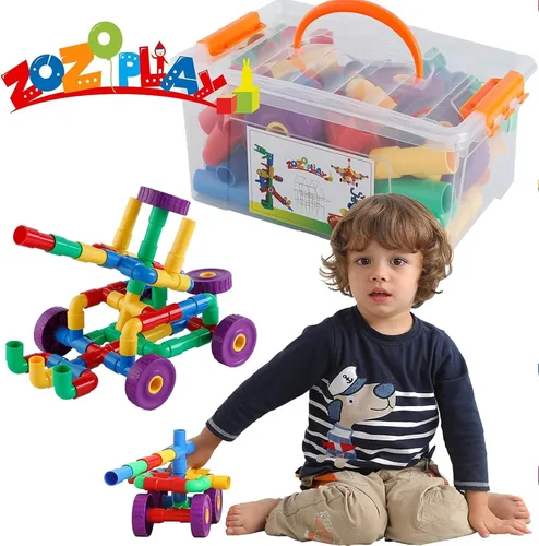 Vista 7 de ZOZOPLAY STEM - Juego de 64 piezas de tubos tubulares de aprendizaje, boquillas, juntas para construir bicicleta, tanque, scootie, habilidades