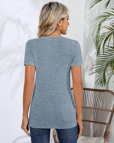 Vista 3 de Ficerd Paquete de 3 camisetas de punto para mujer, manga corta, cuello redondo, estilo casual, ajuste holgado, camisetas básicas acanaladas
