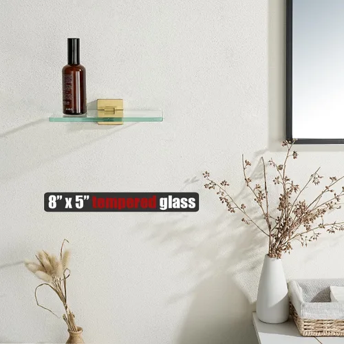 Vista 2 de JQK Estante de baño de vidrio dorado, vidrio templado para almacenamiento en la ducha de 8 por 5 pulgadas, acero inoxidable 304 dorado cepillado