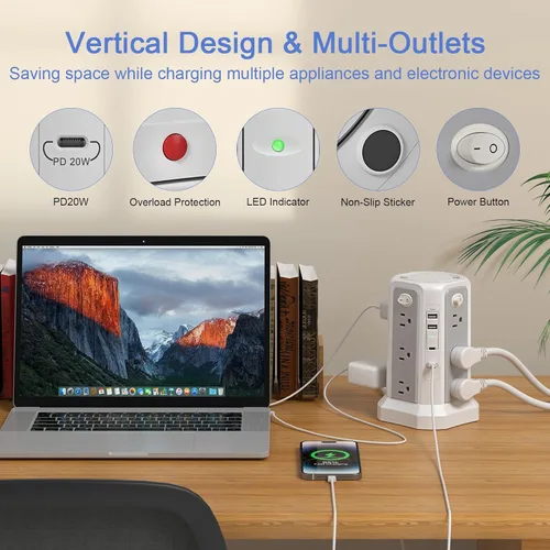 Vista 4 de Torre de regleta de protección contra sobretensiones (13A 1625W) 10 pies con puerto USB C PD20W Extension Cord with 12 AC Mutiple Outlets, Power