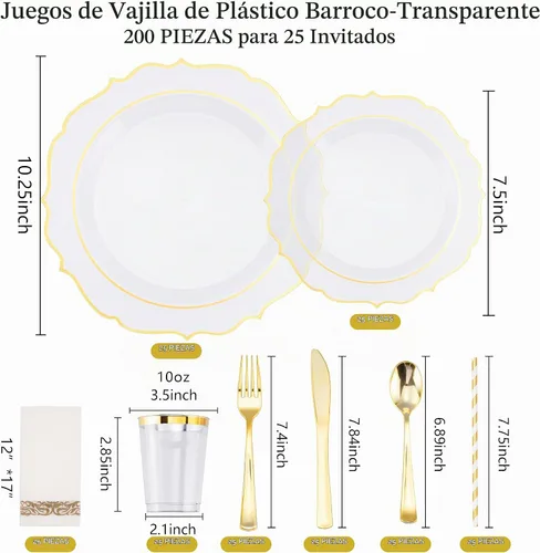 Vista 3 de Juego de vajilla de 200 piezas de estilo barroco en oro claro para 25 invitados, platos de plástico desechables resistentes con borde dorado