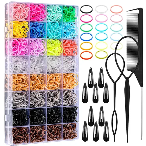 Vista 9 de Auroray Bandas de goma para el cabello pequeñas de 32 colores con 16 herramientas de peinado, 2000 piezas de ligas elásticas para el cabello de niña