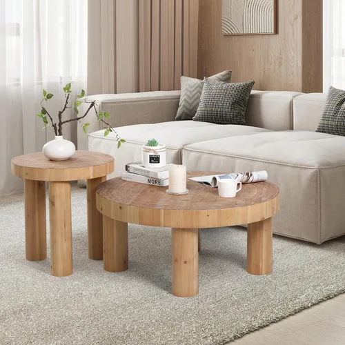 Vista 3 de RUSTOWN - Mesa auxiliar redonda de 2 piezas con patas gruesas de madera maciza Rustic Coffee Table Sets, Natural Circle Wooden Ring Finish