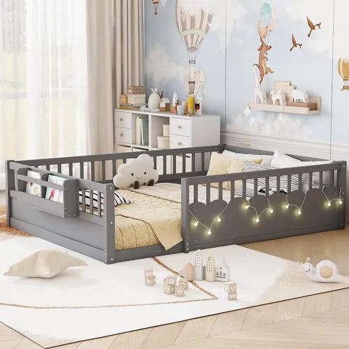 Vista 4 de Cama Montessori de tamaño matrimonial con estantería, luces, listones y Luces grises