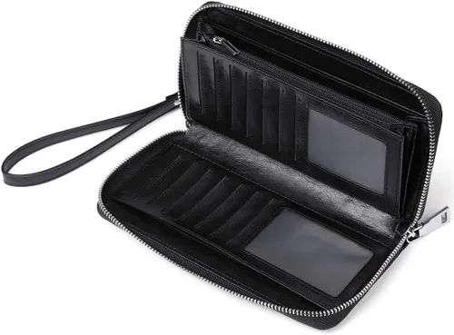 Vista 3 de [Usado] Carteras para mujer con bloqueo RFID de cuero con cremallera alrededor de la cartera de viaje Negro