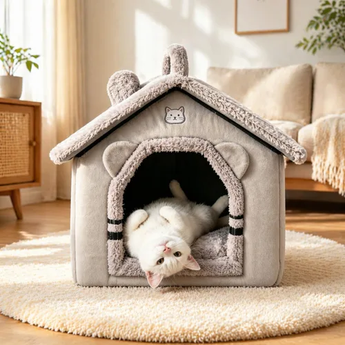 Vista 10 de Cama para gatos de interior, cama tipo cueva de gato con diseño de dibujos animados, diseño de mango, escondite suave para interiores, bonita casa