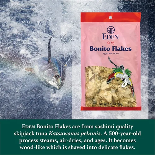 Vista 3 de Eden Copos de Bonito Japonés, Atún Listado Rallado, Katsuobushi 鰹節, Tradicionalmente Envejecido y Secado, Ahumado con Madera Dura, Para Hacer Dashi