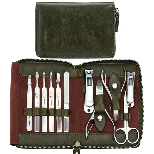 Vista 2 de FAMILIFE Juego de manicura, kit de uñas 11 en 1, kit de pedicura de acero inoxidable para hombre, kit de manicura de cuero y regalos para hombres