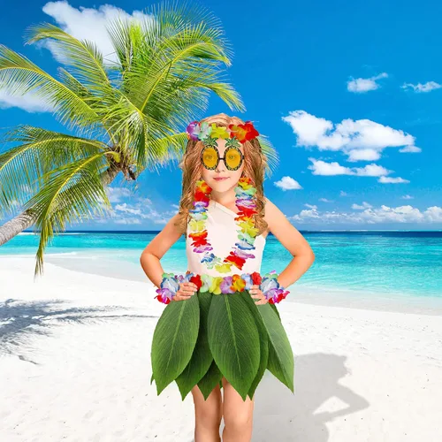 Vista 6 de PHOGARY 7 Pack Hawaiian Flower Leaf Hula Skirt Costume Accessory Kit for Hawaii Luau Party
