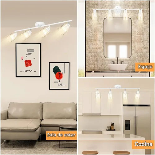 Vista 3 de BoostArea Lámparas de baño de 4 luces, modernas luces blancas de pared con pantalla de vidrio transparente, luz de techo flexible para espejo