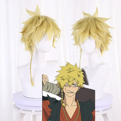 Vista 5 de Peluca de anime Jigokuraku para adultos y niños, Hell's Paradise Aza Choubei Cosplay corto frito masa torcidos trenza, pelo amarillo dorado, pelucas
