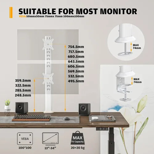 Vista 5 de Hemudu Dual Monitor Articulating Desk Mount Arm Stand - Vertical Stack Screen Supports Two 13 to 34 Inch Computer Monitors with C Clamp White Blanco