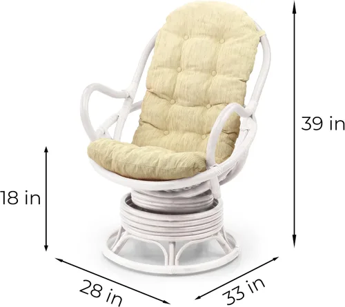 Vista 2 de Salón mecedora giratoria Java silla ratán mimbre hecho a mano con cojín crema, lavado blanco