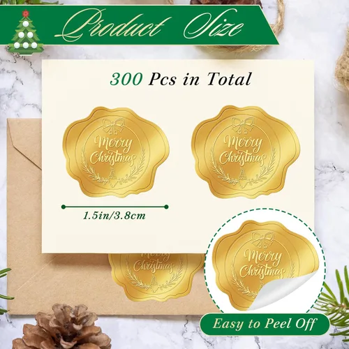 Vista 3 de 300 calcomanías doradas de sello de sobres de Navidad en relieve, calcomanías de Feliz Navidad para sellado de sobres, calcomanías de Navidad
