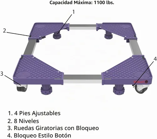Vista 2 de Carretilla multiusos con 4 pies, ruedas giratorias de bloqueo, niveles y base ajustable para mover lavadora, secadora, electrodomésticos, capacidad