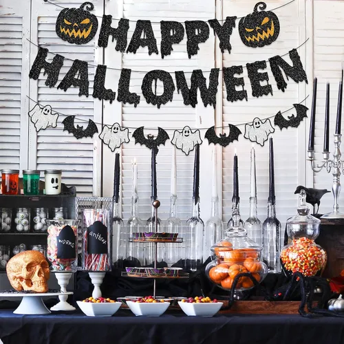 Vista 4 de Cartel de Feliz Halloween, guirnalda de papel para colgar, decoración de calabaza sangrienta, telón de fondo de fotos para pared, hogar, manto