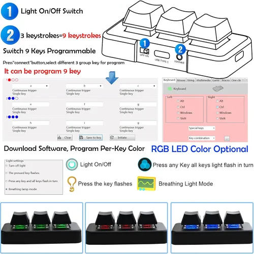 Vista 9 de Mini teclado mecánico inalámbrico USB tipo C Bluetooth de 3 teclas, 9 teclas, teclado macro gammable para juegos, control con una sola mano