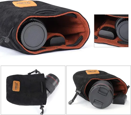 Vista 5 de S-ZONE Bolsa suave para cámara DSLR, bolsa de inserción con cordón, funda de lente compatible con Canon Nikon Sony