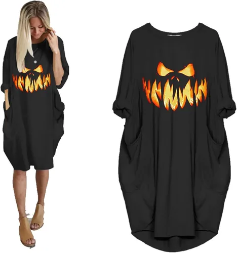 Vista 2 de Vestido de Halloween para mujer vestido tipo túnica de manga larga con estampado de Hallowmas con bolsillos talla grande vestido tipo camiseta 2022