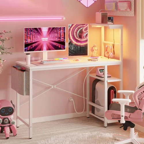 Vista 12 de Bestier - Escritorio de juegos con luces LED, escritorio para PC de 44 pulgadas para espacios pequeños, escritorio de computadora con estantes