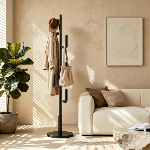 Vista 2 de Perchero independiente de madera maciza de cactus con 6 ganchos en forma de L y 3 tamaños ajustables, para dormitorio, entrada, sala de estar