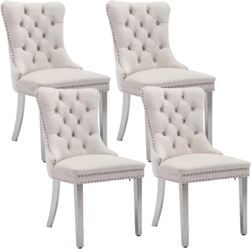 Vista 58 de Juego de 2 sillas de comedor de terciopelo beige, modernas sillas de cocina tapizadas
