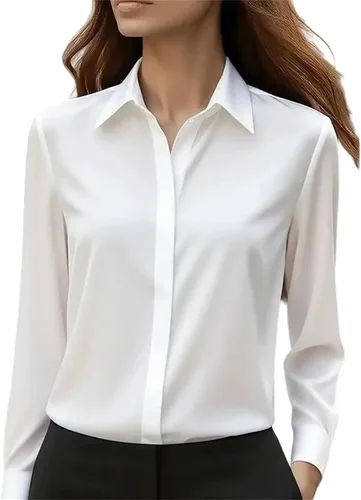 Vista 10 de Camisa de oficina de manga larga para mujer, cuello con botones, blusa formal sólida