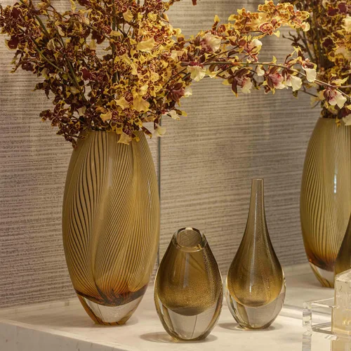 Vista 6 de Ca D Oro - Florero de cristal estilo Murano, patrón de plumas de ámbar, vidrio soplado a mano para flor, decoración de habitación y centro de mesa