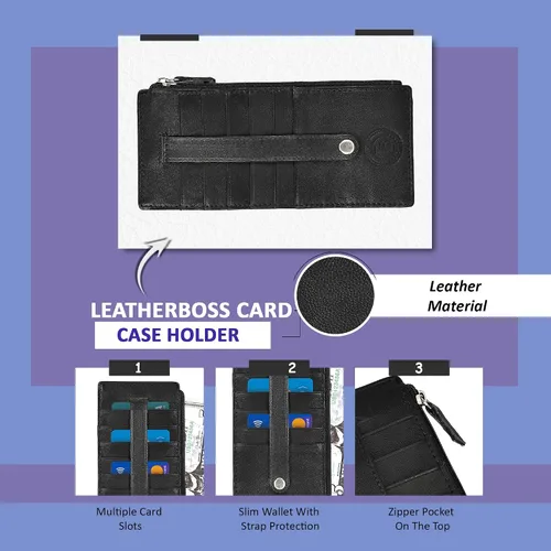 Vista 6 de Leatherboss - Funda para tarjetas todo en uno, cartera delgada con correa de protección para tarjetas, Negro -, Cartera con tarjetero