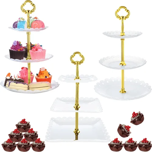 Vista 8 de Honeydak 3 juegos de bandejas de 3 niveles para servir postres de 3 niveles, soporte de postre de boda, soporte de plástico de polipropileno