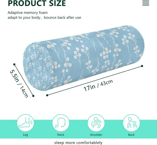 Vista 3 de Almohada redonda con funda de almohada cervical con diseño de flores azules y blancas, almohada cervical, soporte de cuello de espuma viscoelástica
