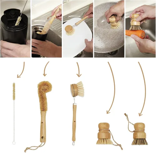 Vista 3 de Juego de cepillos de bambú natural con soporte - Cepillo de madera ecológico para platos
