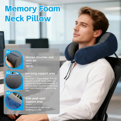 Vista 2 de Almohada cervical de viaje con espuma viscoelástica, soporte ergonómico, hebilla ajustable, incluye máscara de ojos y tapones para los oídos, funda