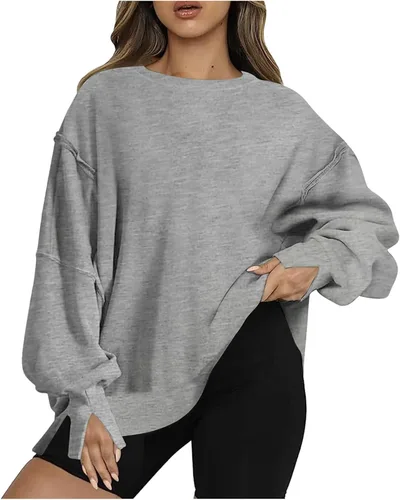Vista 5 de Ceboyel Sudadera de gran tamaño para mujer 2023, color sólido, cuello redondo, suéter con abertura lateral, cómodo ropa de moda de otoño